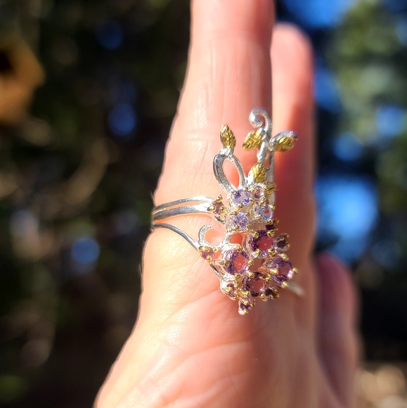 Amethyst & Topaz floral sterling & gold finger cuff sz7.75 - Picture 10 of 12